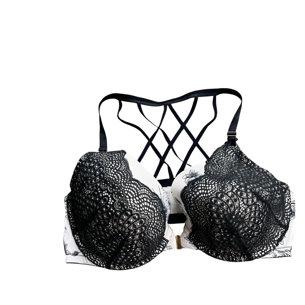 Cacique 44DD Front Close Bra Black White Floral Lace Strappy Cage Back Underwire